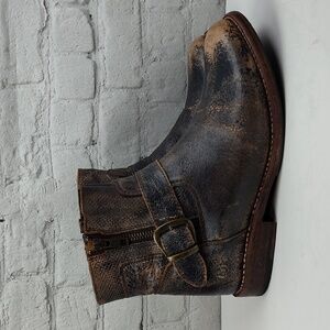 BED STU Becca  Black Lux Distressed Ankle Boot  Double Zipper, Buckle Size 7.5